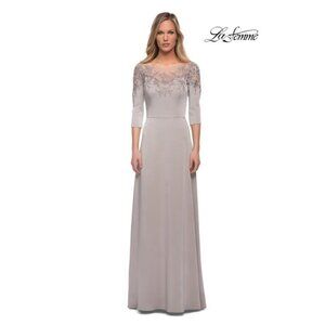 La Femme Womens Size 4 Silver 29227 Embroidered Illusion Neck Gown $469 New